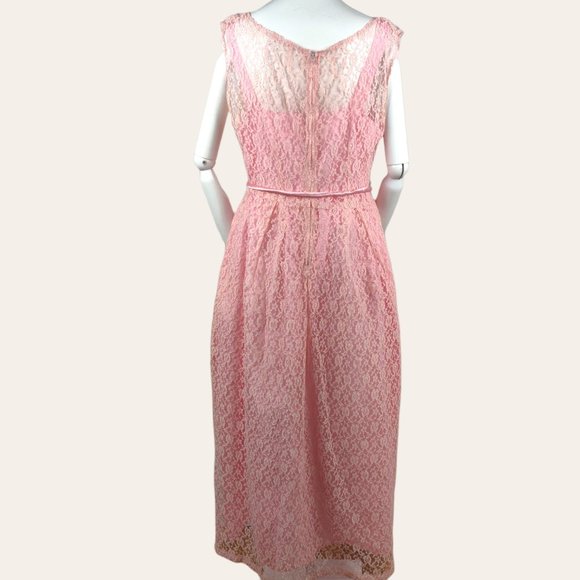 Vintage 1960s MCM Pink Lace Cocktail Dress Gown Long Sheath MOD Princess Core M - Picture 9 of 13